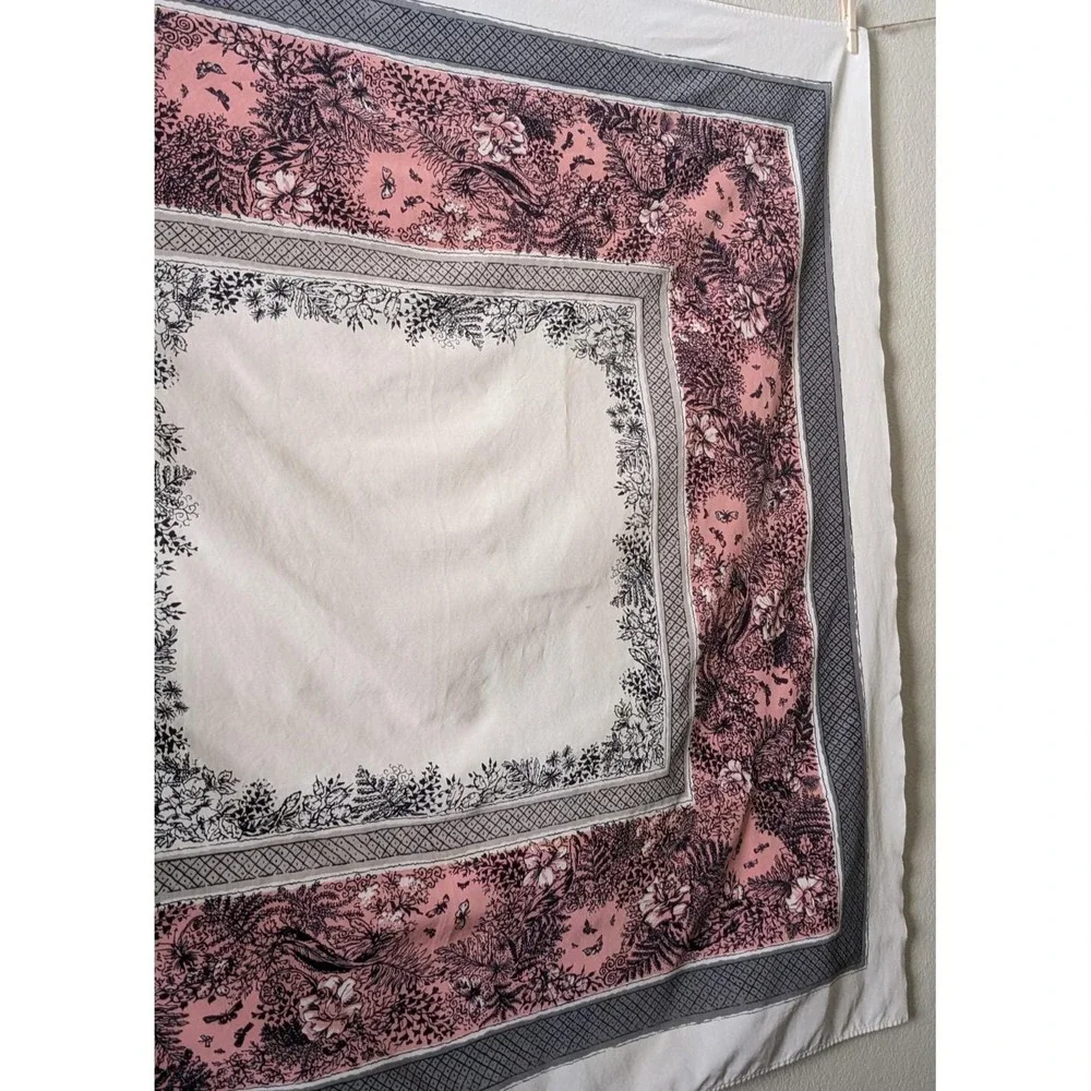 Vintage California Hand Prints Tablecloth Pink Gray Botanical Butterflies 1950s